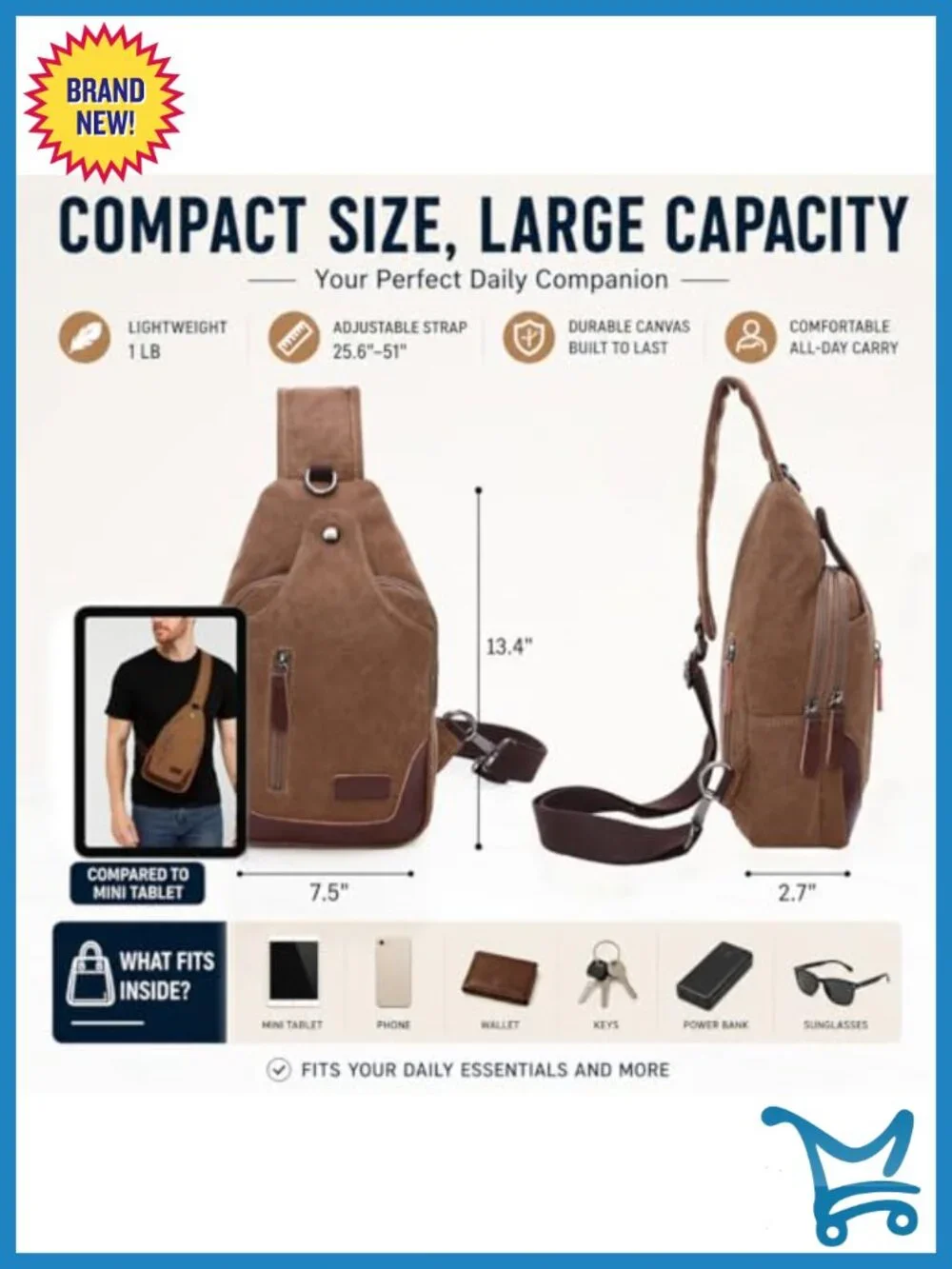 Canvas Sling Bag Crossbody Chest Bag Casual Daypack Rucksack with Adjustable